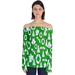 Green  Background Card Christmas  Off Shoulder Long Sleeve Top by artworkshop