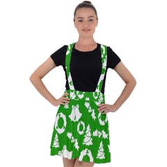 Green  Background Card Christmas  Velvet Suspender Skater Skirt