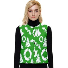 Green  Background Card Christmas  Women s Short Button Up Puffer Vest by artworkshop