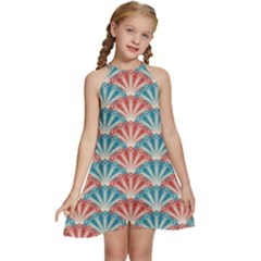 Seamless-patter-peacock Kids  Halter Collar Waist Tie Chiffon Dress