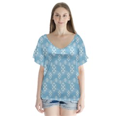 Snowflakes, White Blue V-neck Flutter Sleeve Top by nateshop