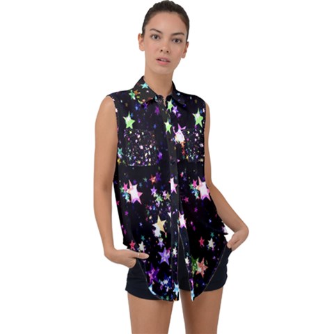 Stars Galaxi Sleeveless Chiffon Button Shirt by nateshop