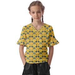 Textile-peacock Kids  V-neck Horn Sleeve Blouse by nateshop