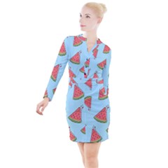 Watermelon-blue Button Long Sleeve Dress by nateshop