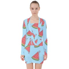 Watermelon-blue V-neck Bodycon Long Sleeve Dress by nateshop