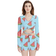 Watermelon-blue Velvet Wrap Crop Top And Shorts Set by nateshop