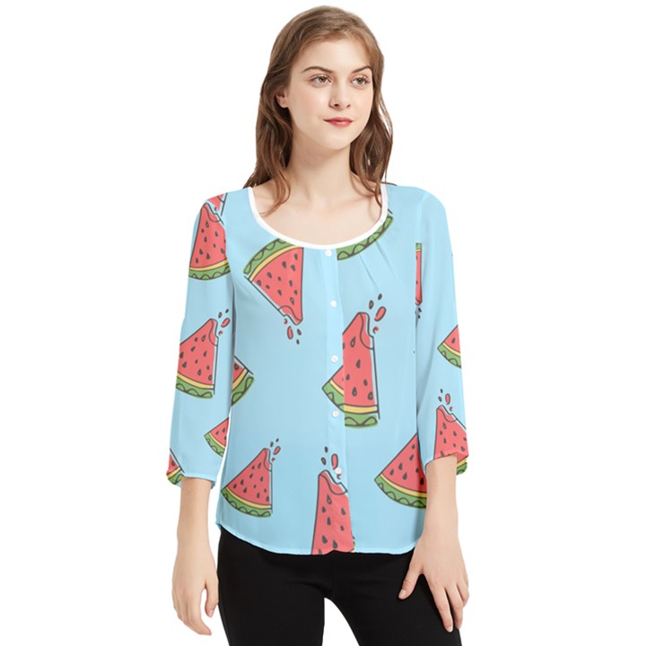 Watermelon-blue Chiffon Quarter Sleeve Blouse