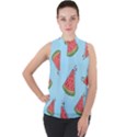 Watermelon-blue Mock Neck Chiffon Sleeveless Top View1