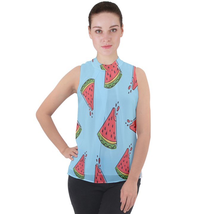 Watermelon-blue Mock Neck Chiffon Sleeveless Top