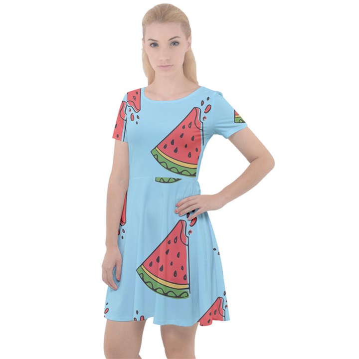 Watermelon-blue Cap Sleeve Velour Dress 