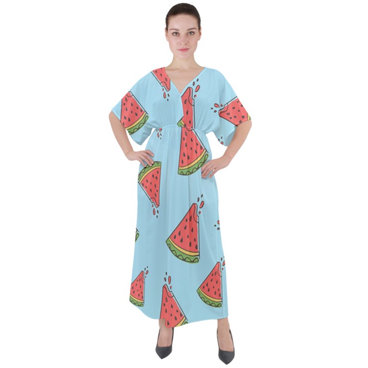 Watermelon-blue V-Neck Boho Style Maxi Dress