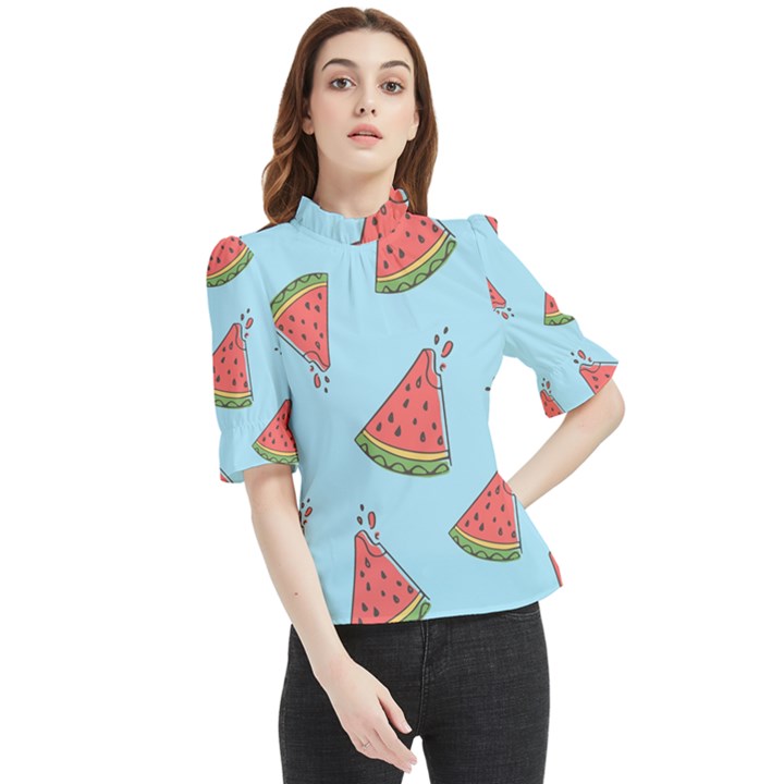 Watermelon-blue Frill Neck Blouse