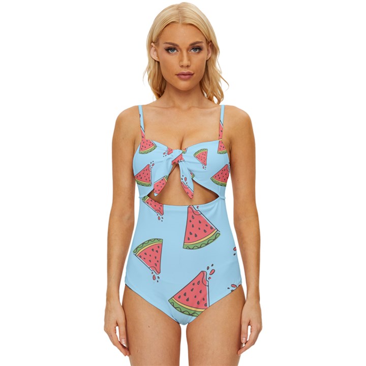 Watermelon-blue Knot Front One-Piece Swimsuit