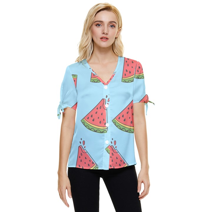 Watermelon-blue Bow Sleeve Button Up Top