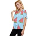 Watermelon-blue Bow Sleeve Button Up Top View2