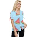 Watermelon-blue Bow Sleeve Button Up Top View3