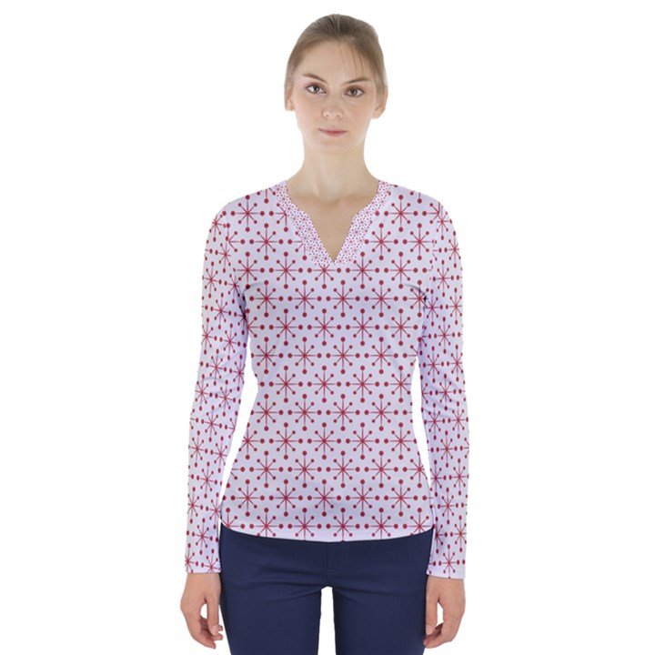 Pattern christmas pattern red stars V-Neck Long Sleeve Top