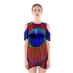 Peacock Plumage Fearher Bird Pattern Shoulder Cutout One Piece Dress by Sapixe