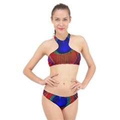 Peacock Plumage Fearher Bird Pattern High Neck Bikini Set by Sapixe