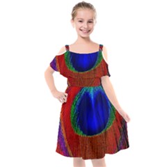 Peacock Plumage Fearher Bird Pattern Kids  Cut Out Shoulders Chiffon Dress by Sapixe