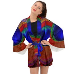 Peacock Plumage Fearher Bird Pattern Long Sleeve Kimono by Sapixe