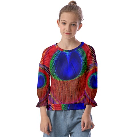 Peacock Plumage Fearher Bird Pattern Kids  Cuff Sleeve Top by Sapixe