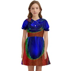 Peacock Plumage Fearher Bird Pattern Kids  Bow Tie Puff Sleeve Dress