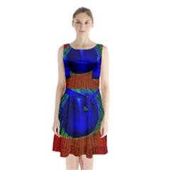 Peacock Plumage Fearher Bird Pattern Sleeveless Waist Tie Chiffon Dress by Sapixe