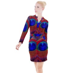 Peacock Plumage Fearher Bird Pattern Button Long Sleeve Dress by Sapixe