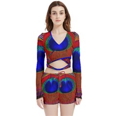 Peacock Plumage Fearher Bird Pattern Velvet Wrap Crop Top And Shorts Set by Sapixe