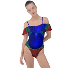 Peacock Plumage Fearher Bird Pattern Frill Detail One Piece Swimsuit by Sapixe