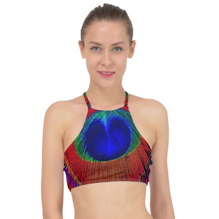 Peacock Plumage Fearher Bird Pattern Racer Front Bikini Top