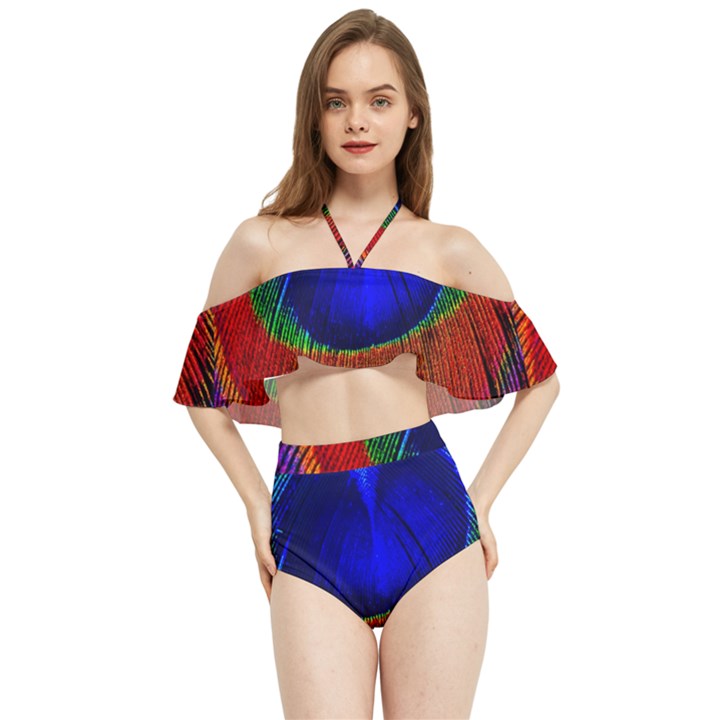 Peacock Plumage Fearher Bird Pattern Halter Flowy Bikini Set 