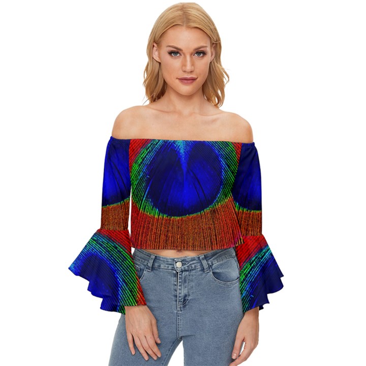 Peacock Plumage Fearher Bird Pattern Off Shoulder Flutter Bell Sleeve Top