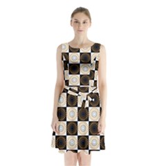 Illustration Checkered Pattern Decoration Sleeveless Waist Tie Chiffon Dress by Sapixe