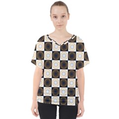 Illustration Checkered Pattern Decoration V-neck Dolman Drape Top by Sapixe