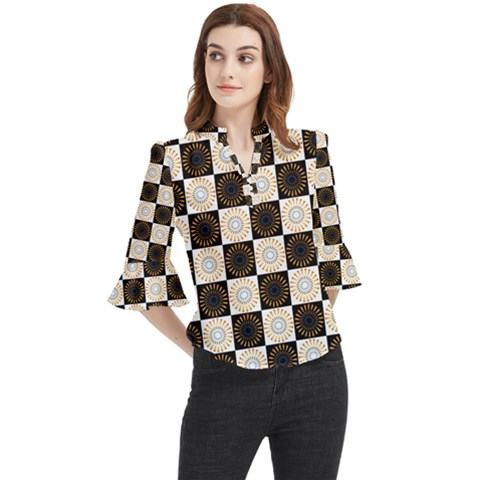 Illustration Checkered Pattern Decoration Loose Horn Sleeve Chiffon Blouse by Sapixe