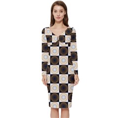 Illustration Checkered Pattern Decoration Long Sleeve V-neck Bodycon Dress 