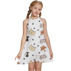 Cat Kitten Design Pattern Kids  Halter Collar Waist Tie Chiffon Dress by Sapixe