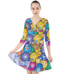 Cats Cartoon Cats Colorfulcats Quarter Sleeve Front Wrap Dress by Sapixe