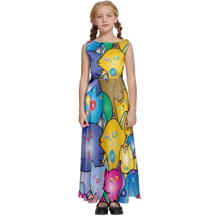 Cats Cartoon Cats Colorfulcats Kids  Satin Sleeveless Maxi Dress