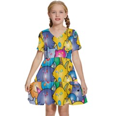 Cats Cartoon Cats Colorfulcats Kids  Short Sleeve Tiered Mini Dress by Sapixe