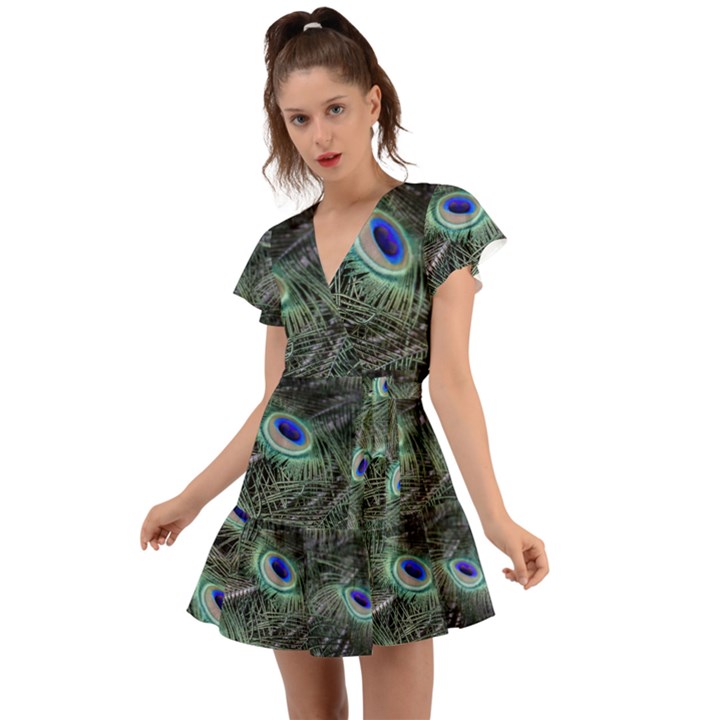 Plumage Peacock Feather Colorful Flutter Sleeve Wrap Dress