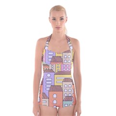 Houses City Architecture Building Boyleg Halter Swimsuit  by Sapixe