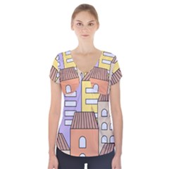 Houses City Architecture Building Short Sleeve Front Detail Top by Sapixe