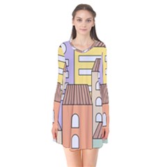 Houses City Architecture Building Long Sleeve V-neck Flare Dress by Sapixe