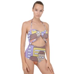 Houses City Architecture Building Scallop Top Cut Out Swimsuit by Sapixe