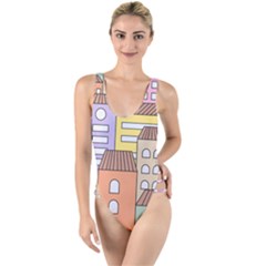 Houses City Architecture Building High Leg Strappy Swimsuit by Sapixe