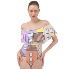 Houses City Architecture Building Off Shoulder Velour Bodysuit  by Sapixe