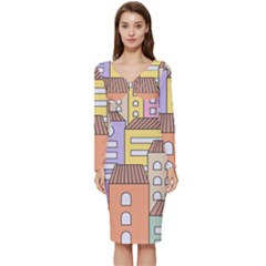 Houses City Architecture Building Long Sleeve V-neck Bodycon Dress 